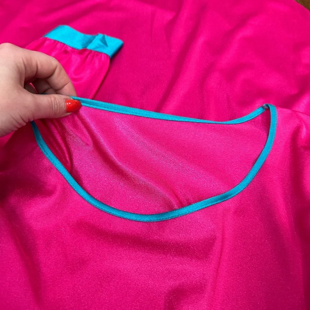 Vintage 80s Nylon Nightgown Robe Set Pink Teal Lounge Set Long Sleepwear